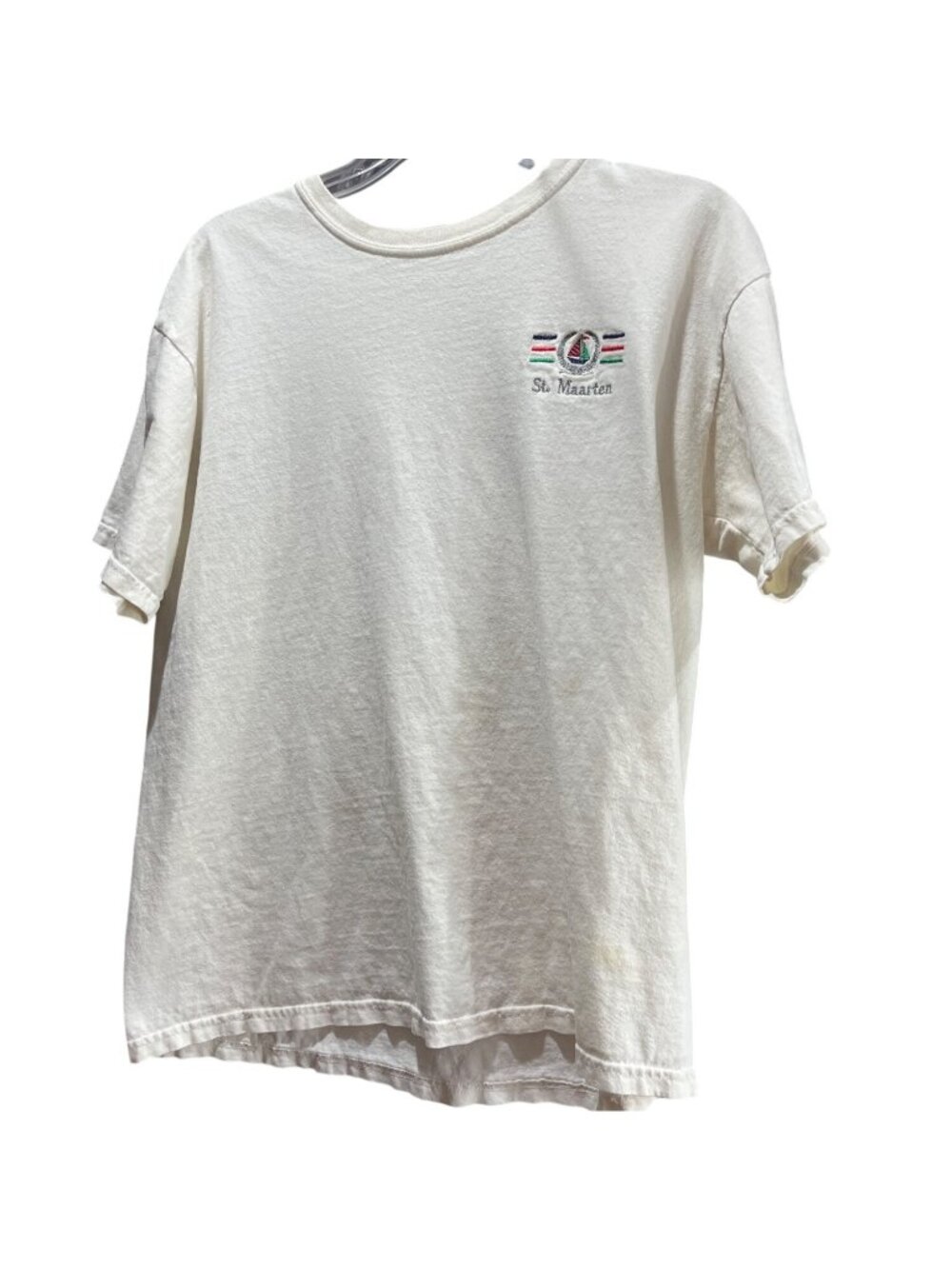 St. Maarten White T-Shirt With Embroidered Logo Pre-Shrunk Cotton Size Large 40k